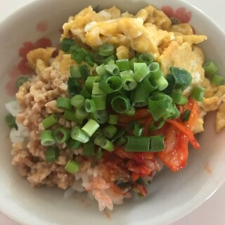 玉子とキムチと小ネギと納豆の彩り丼